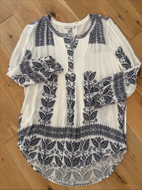 Pale Sky White Blouse with Navy Folk Design